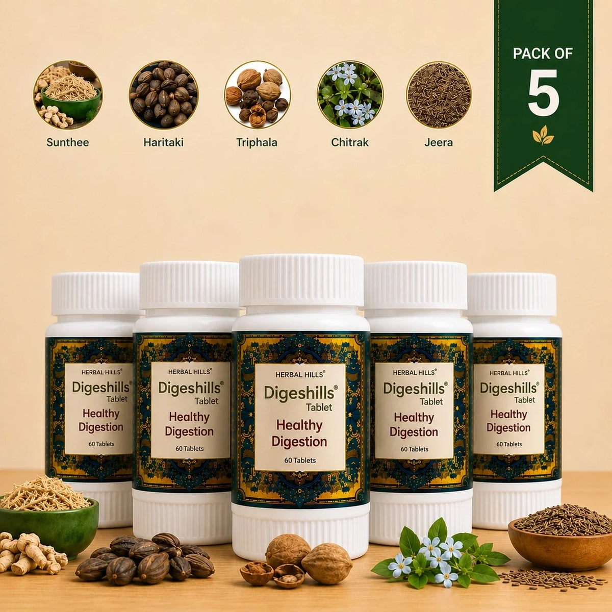 Digeshills polyherbal digestive formulation with sunthi, haritaki, triphala, chitrak and jeera by Herbal Hills