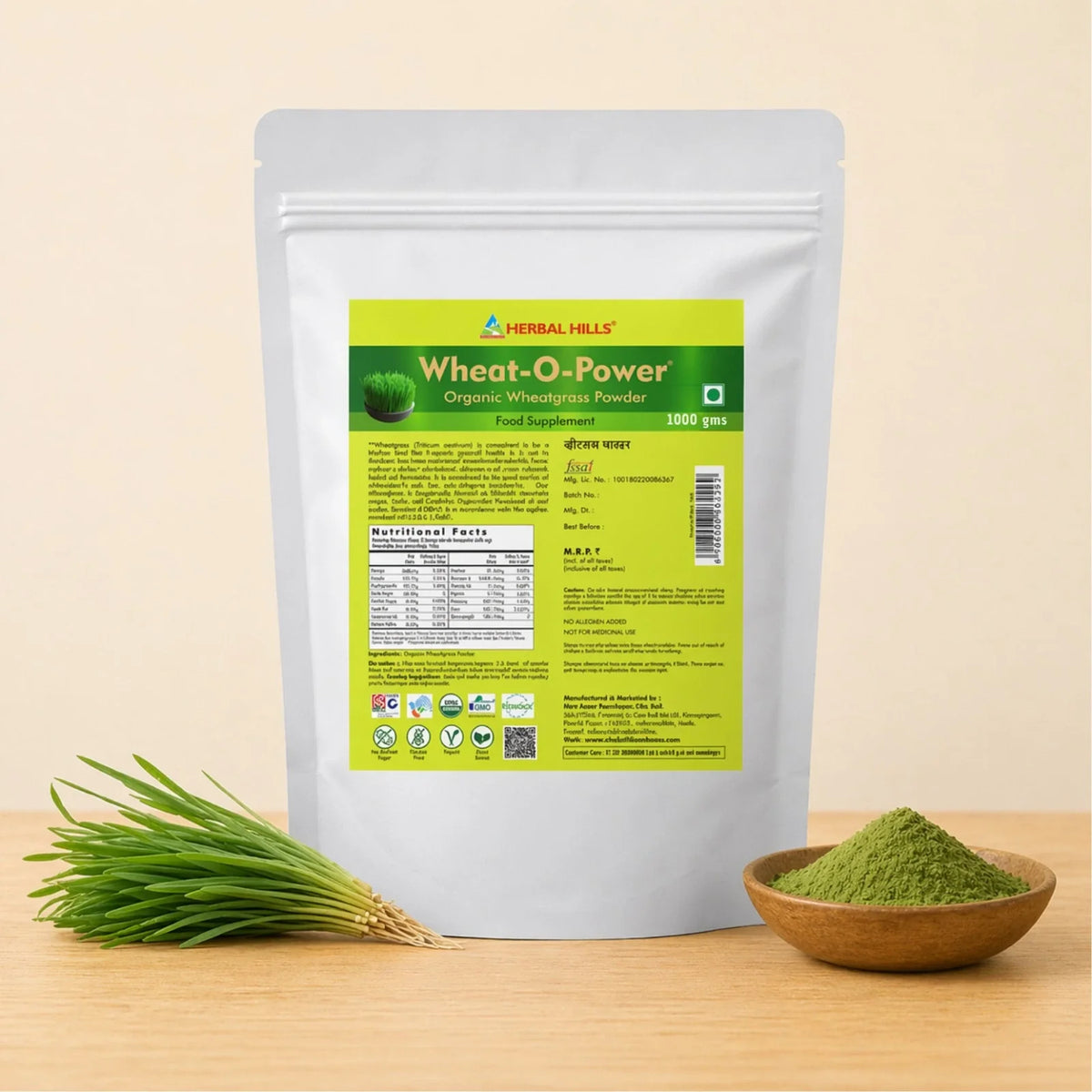 Herbal Hills Wheat-O-Power organic wheatgrass powder with fresh wheatgrass