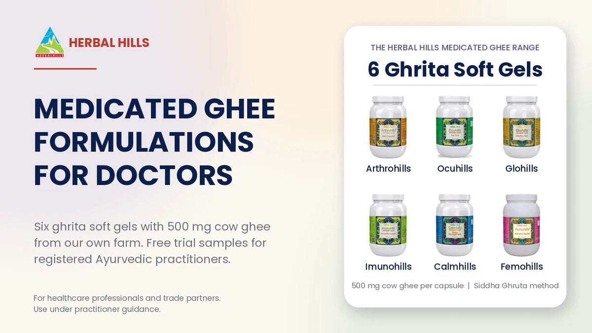 Medicated ghee formulations for doctors: six Herbal Hills ghrita soft gels with 500 mg cow ghee per capsule
