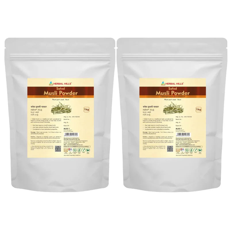 Safed Musli Powder – 1kg (Pack of 2) | Standardized Ayurvedic Quality | Herbal Hills