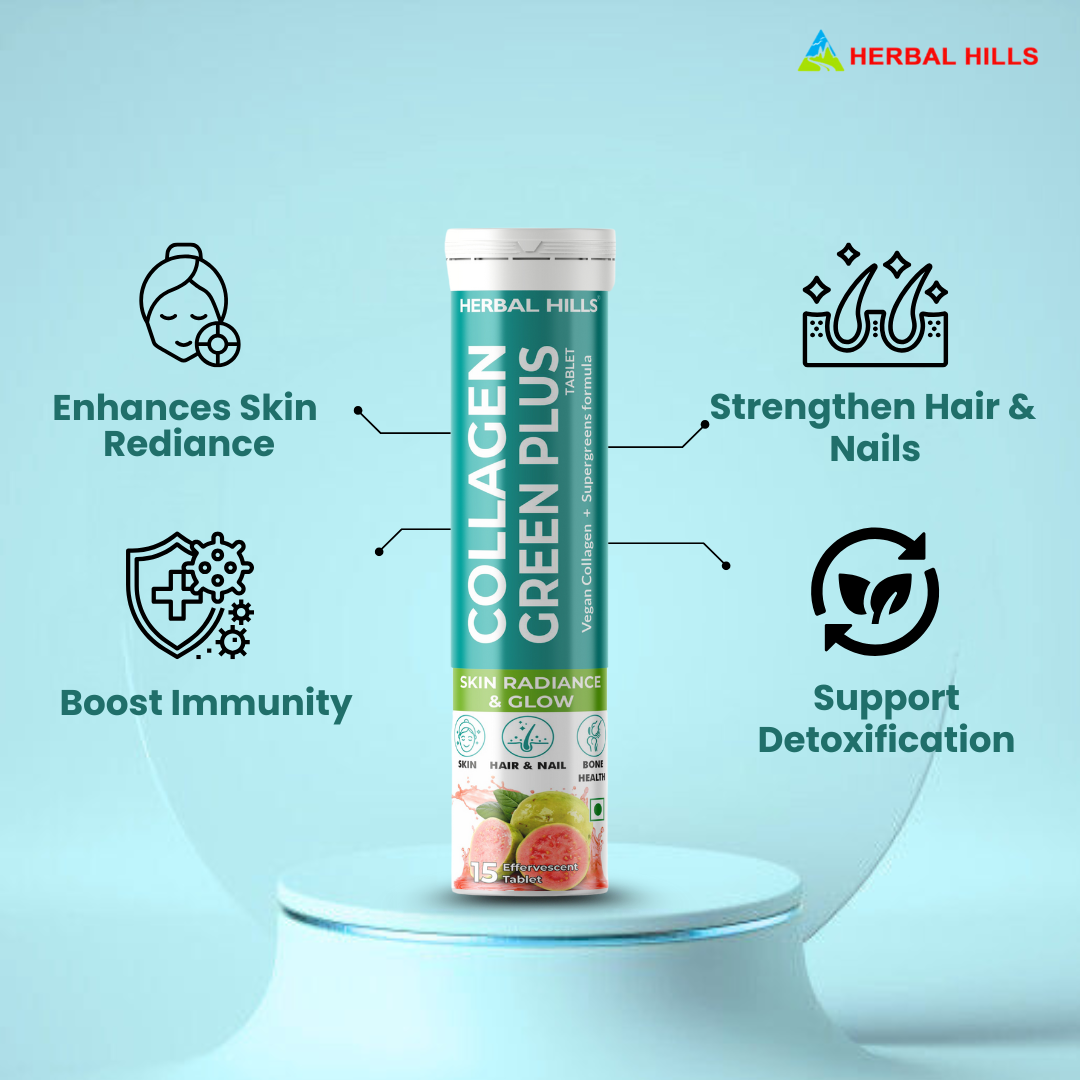 Collagen Green Plus Effervescent Tablets –With Amla, Vitamin C & Supergreens – Boost Skin Glow, Hair Growth, Nail Strength & Detox – Guava Flavor – 15 Tablets