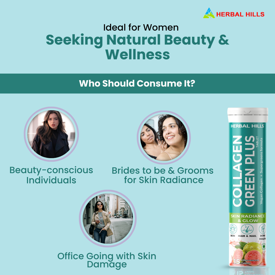 Collagen Green Plus Effervescent Tablets –With Amla, Vitamin C & Supergreens – Boost Skin Glow, Hair Growth, Nail Strength & Detox – Guava Flavor – 15 Tablets