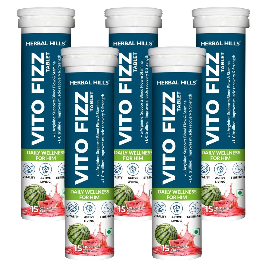 Vito Fizz Energy & Stamina Tablets for Men – With L-Arginine, Ashwagandha & Gokshur – Boost Blood Flow, Endurance & Muscle Recovery – Watermelon Flavor – 15 Tablets (Pack of 5)