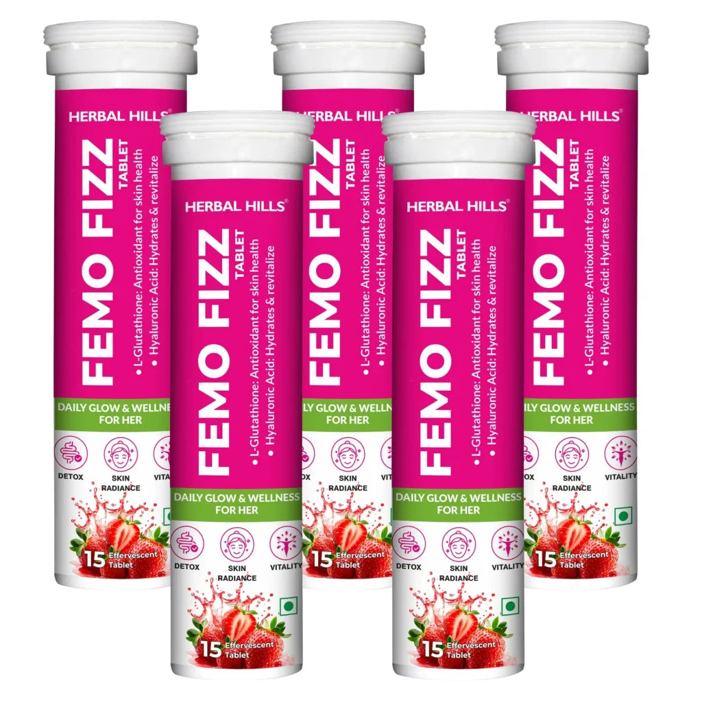 Femo Fizz Effervescent Tablets for Women – L-Glutathione, Hyaluronic Acid, Shatavari – Glowing Skin, Hormonal Balance & Daily Wellness – Strawberry Flavor – 15 Tablets (pack of 5)