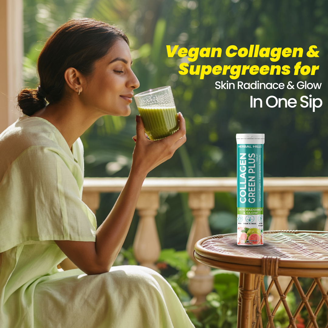 Collagen Green Plus Effervescent Tablets –With Amla, Vitamin C & Supergreens – Boost Skin Glow, Hair Growth, Nail Strength & Detox – Guava Flavor – 15 Tablets