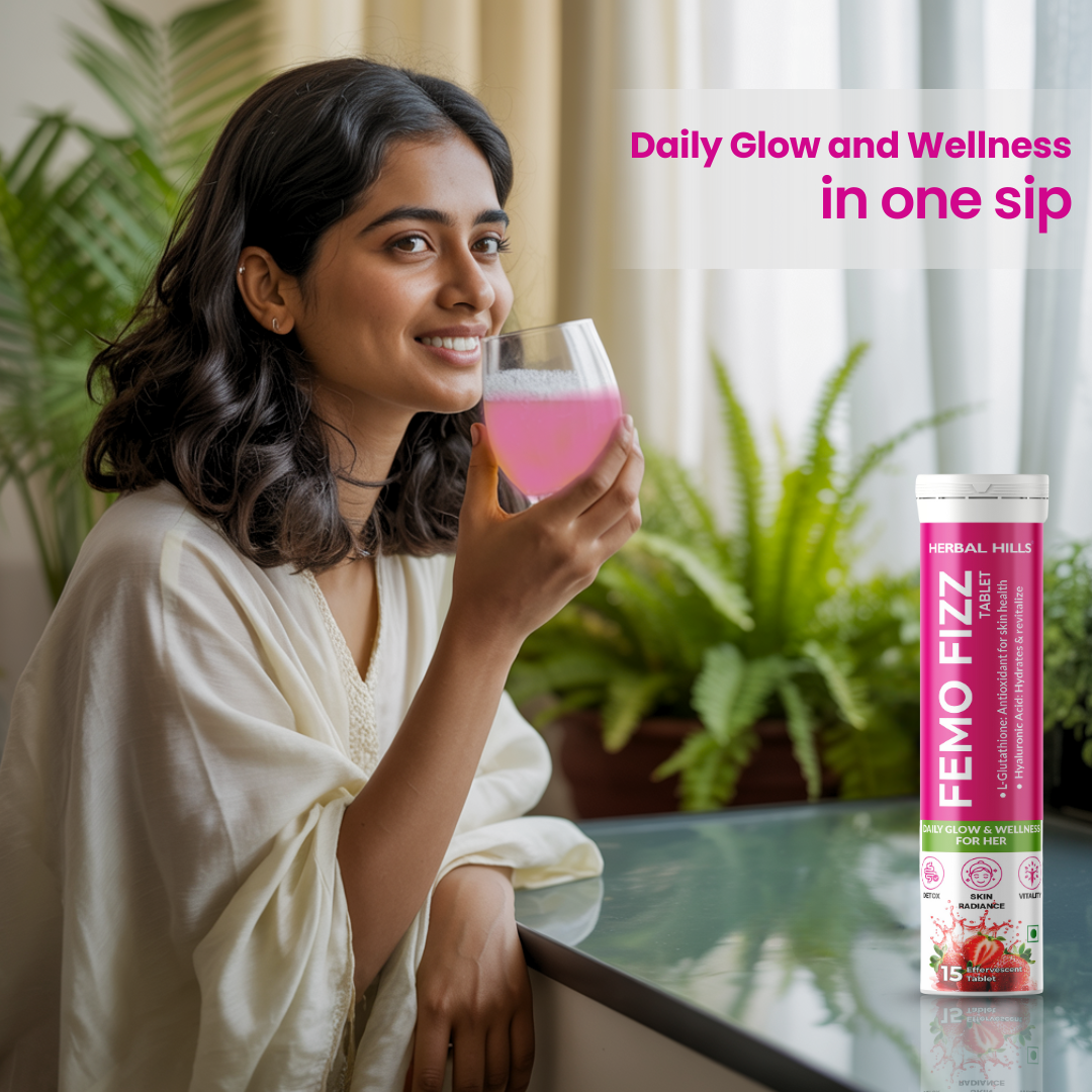 Femo Fizz Effervescent Tablets for Women – L-Glutathione, Hyaluronic Acid, Shatavari – Glowing Skin, Hormonal Balance & Daily Wellness – Strawberry Flavor – 15 Tablets