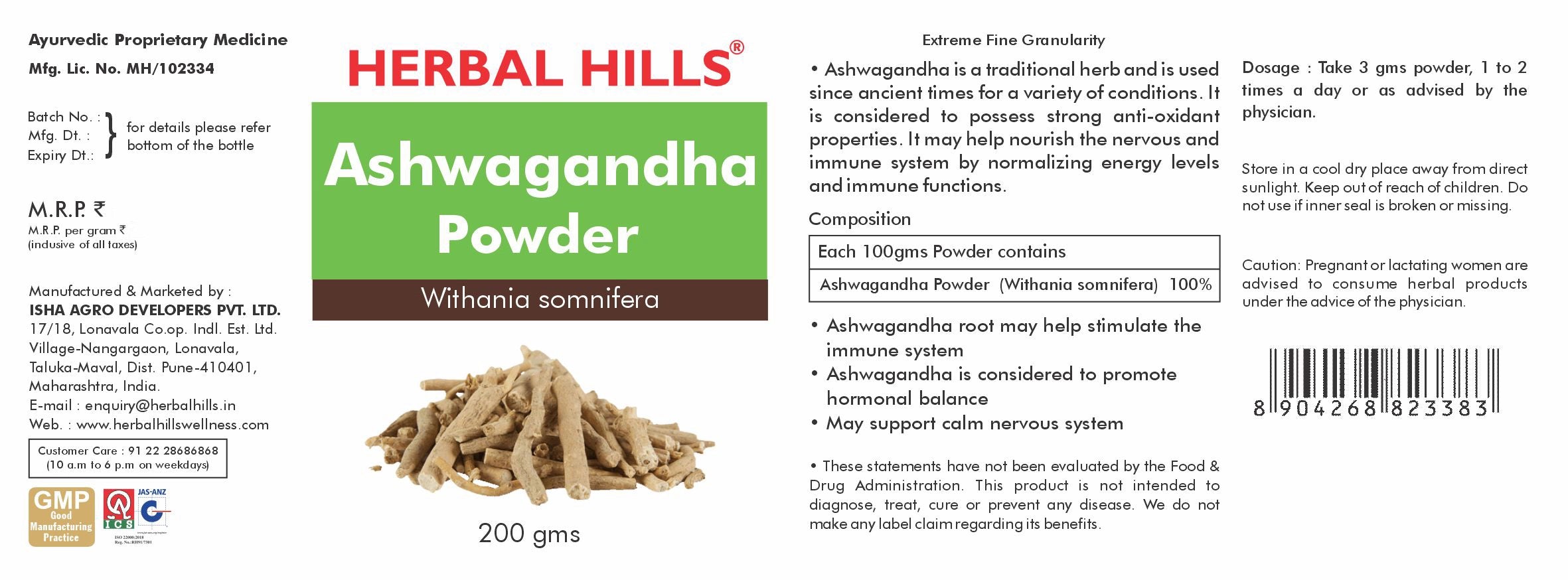 Ashwagandha Powder – 200g (Pack of 5) | Standardized Ayurvedic Quality | Herbal Hills