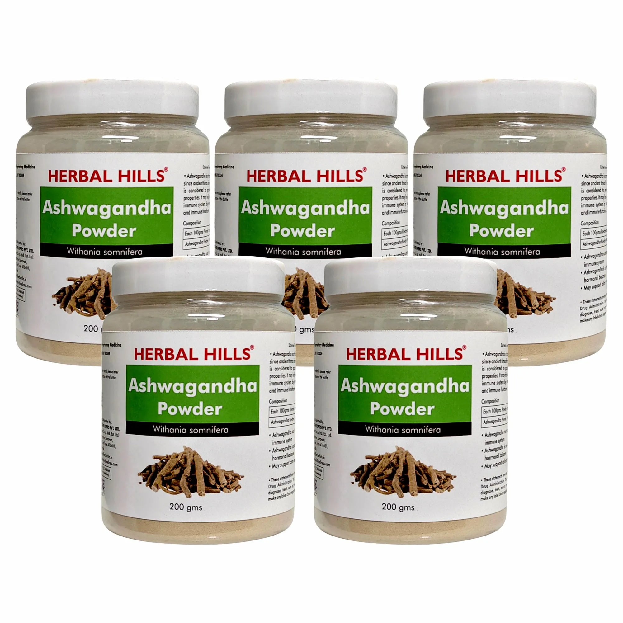 Ashwagandha Powder – 200g (Pack of 5) | Standardized Ayurvedic Quality | Herbal Hills