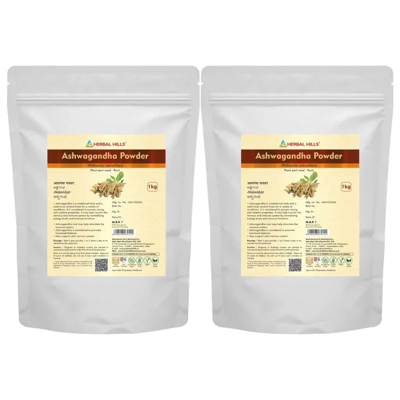 Ashwagandha Churna Powder – 1kg (Pack of 2) | Standardized Ayurvedic Quality | Herbal Hills