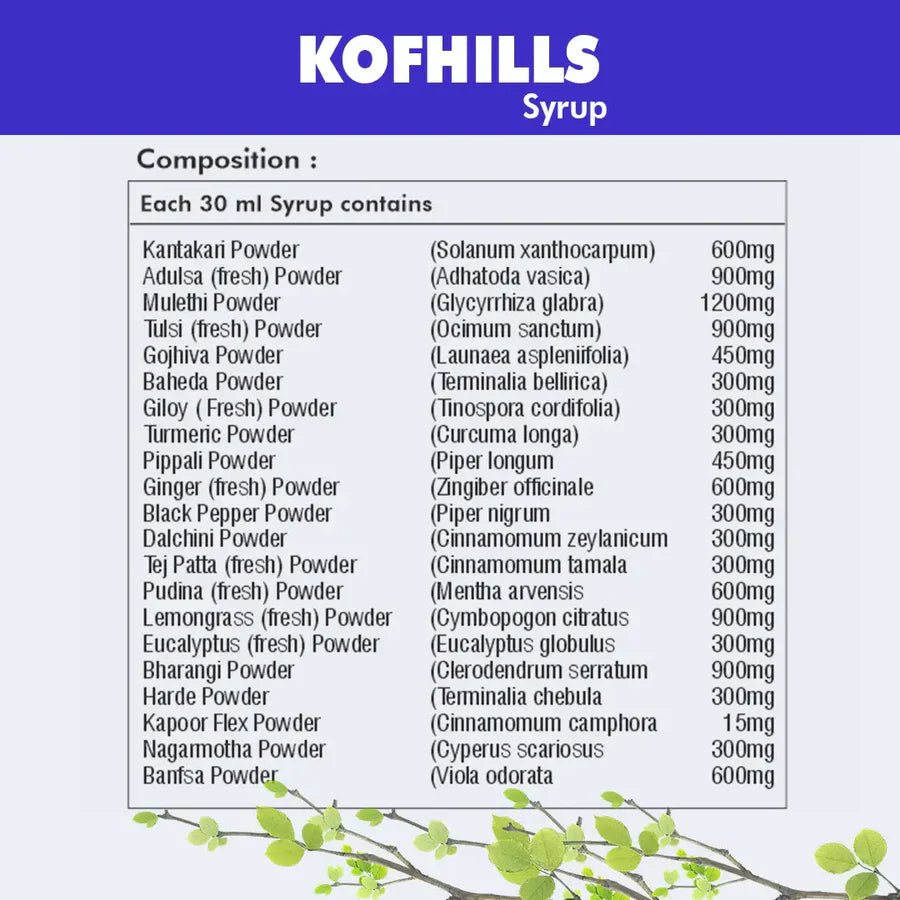 Kofhills Syrup, Ayurvedic respiratory care syrup, Promotes Lung Health, Natural cough, cold reliever, Immune system respiratory support