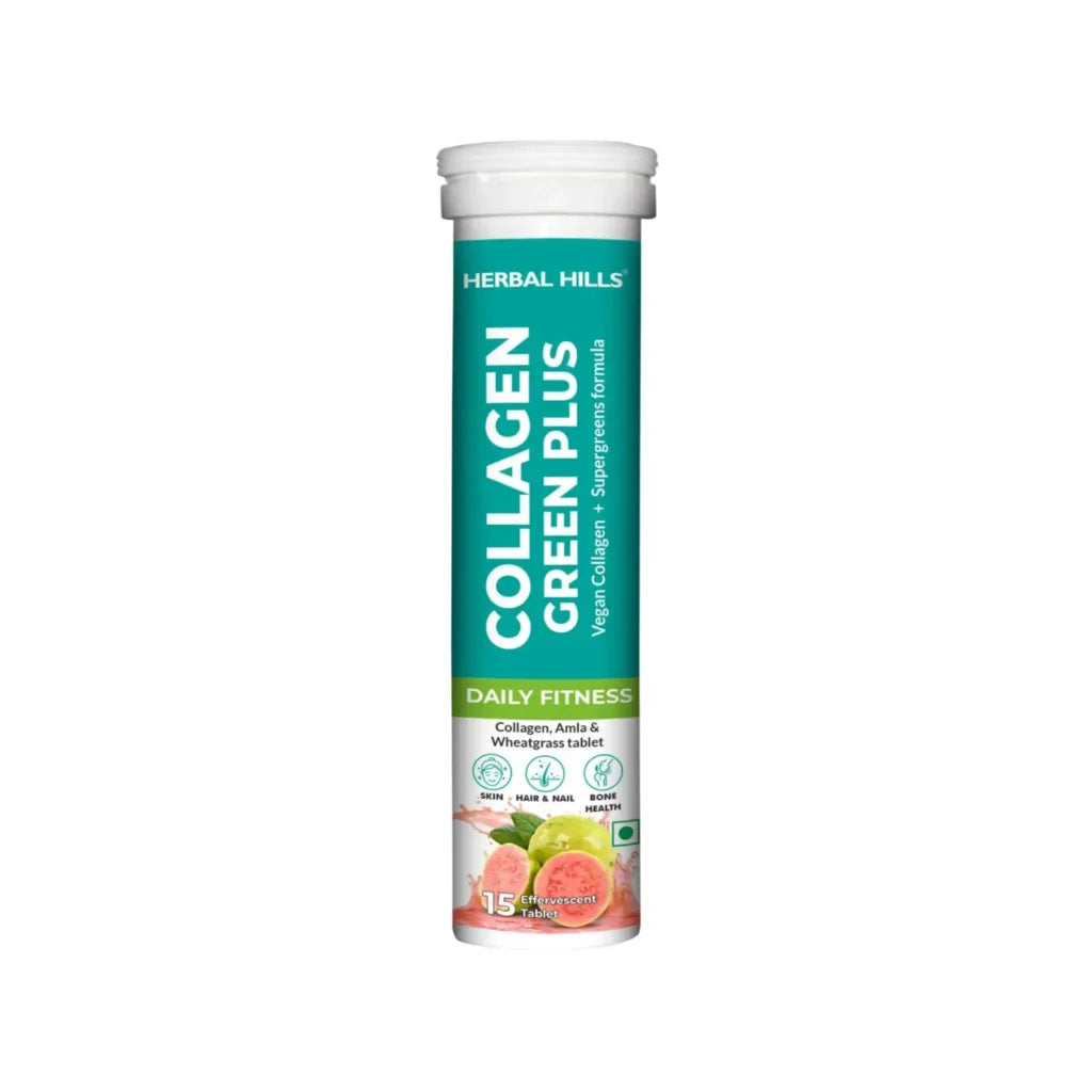 Collagen Green Plus Effervescent Tablets –With Amla, Vitamin C & Supergreens – Boost Skin Glow, Hair Growth, Nail Strength & Detox – Guava Flavor – 15 Tablets