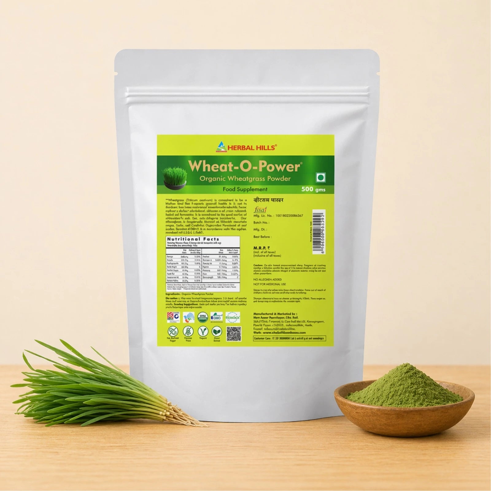 Organic Wheatgrass powder - 500 Gms | Standardized Ayurvedic Quality | Herbal Hills