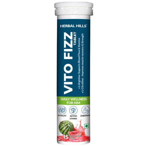 Vito Fizz Energy & Stamina Tablets for Men – With L-Arginine, Ashwagandha & Gokshur – Boost Blood Flow, Endurance & Muscle Recovery – Watermelon Flavor – 15 Tablets