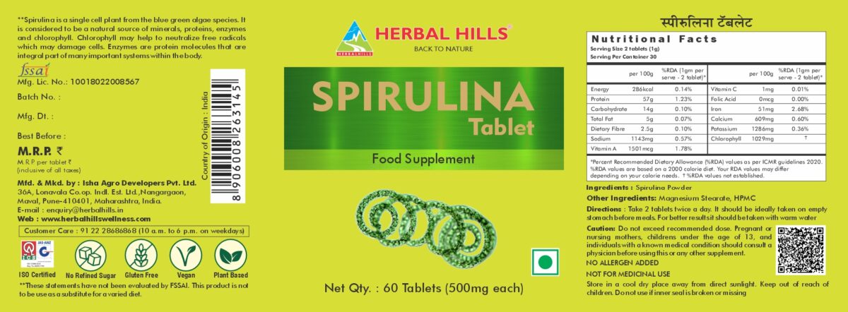 Spirulina 60 Tablets - Chlorophyll Rich Food - Image 2