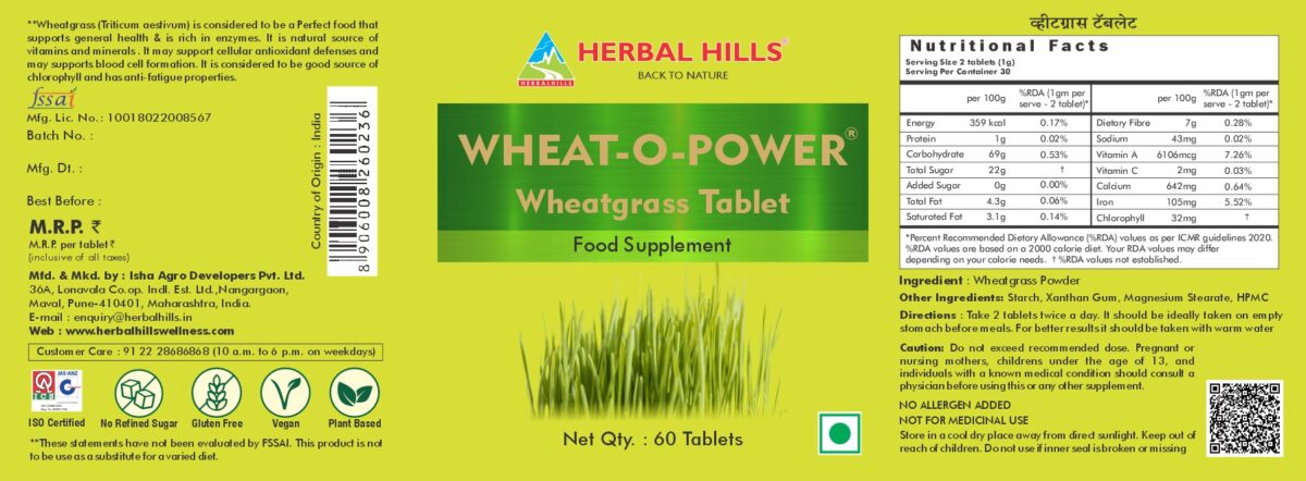 Wheatgrass (Wheat-O-Power) 60 Tablets - Green Food Supplement - Image 2