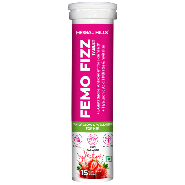 Femo Fizz Effervescent Tablets for Women – L-Glutathione, Hyaluronic Acid, Shatavari – Glowing Skin, Hormonal Balance & Daily Wellness – Strawberry Flavor – 15 Tablets