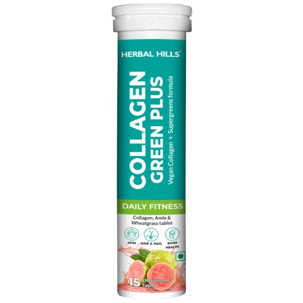 Collagen Green Plus Effervescent Tablets –With Amla, Vitamin C & Supergreens – Boost Skin Glow, Hair Growth, Nail Strength & Detox – Guava Flavor – 15 Tablets