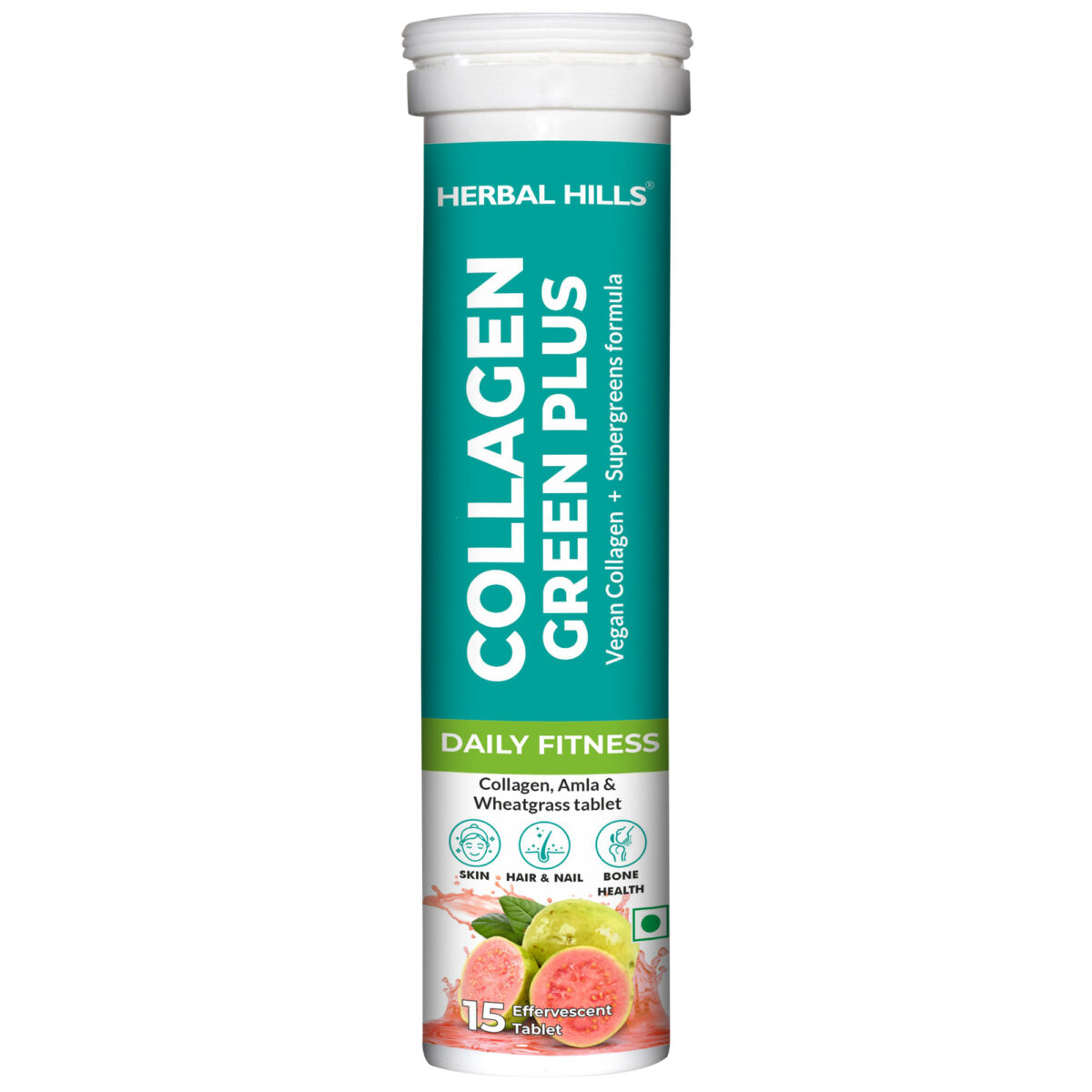 Collagen Green Plus Effervescent Tablets –With Amla, Vitamin C & Supergreens – Boost Skin Glow, Hair Growth, Nail Strength & Detox – Guava Flavor – 15 Tablets - Image 1